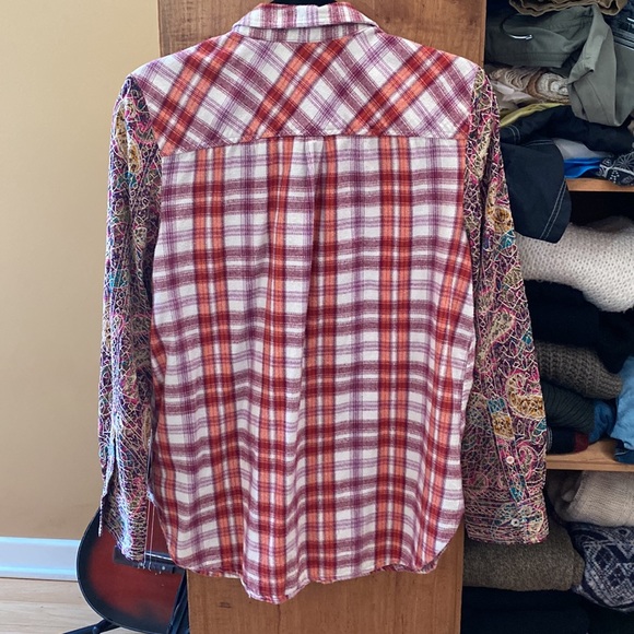 Boho Anthropologie Holding Horses Plaid embroidered sleeve flannel size L - Picture 4 of 4